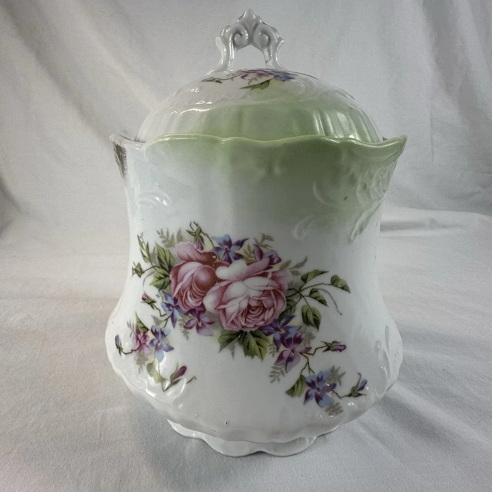 Antique Victorian Porcelain Biscuit Jar - Pink Roses & Violets - Green Ombre